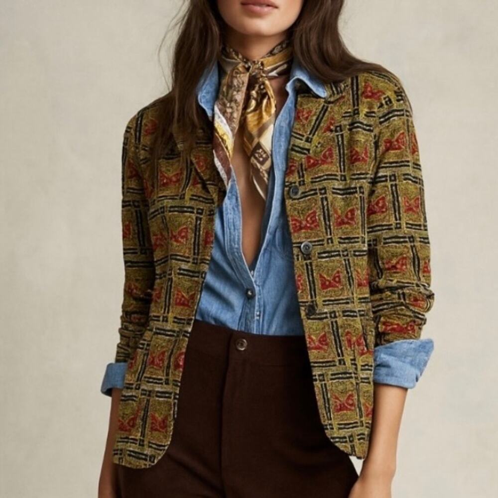 Vintage Velour Blazer 90s Geometric Tapestry Print Mixed Pattern Style Jacket - Picture 3 of 11